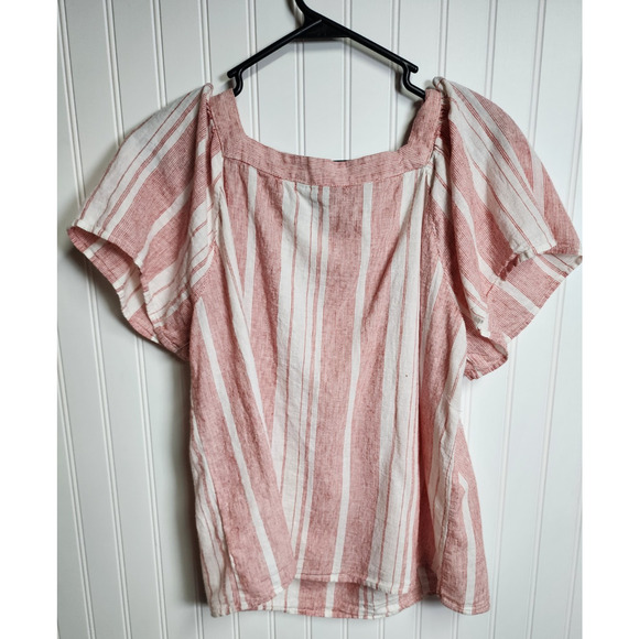 Banana Republic Linen Blend Blouse Small Red White Flutter Sleeves Cottagecore - Picture 2 of 6